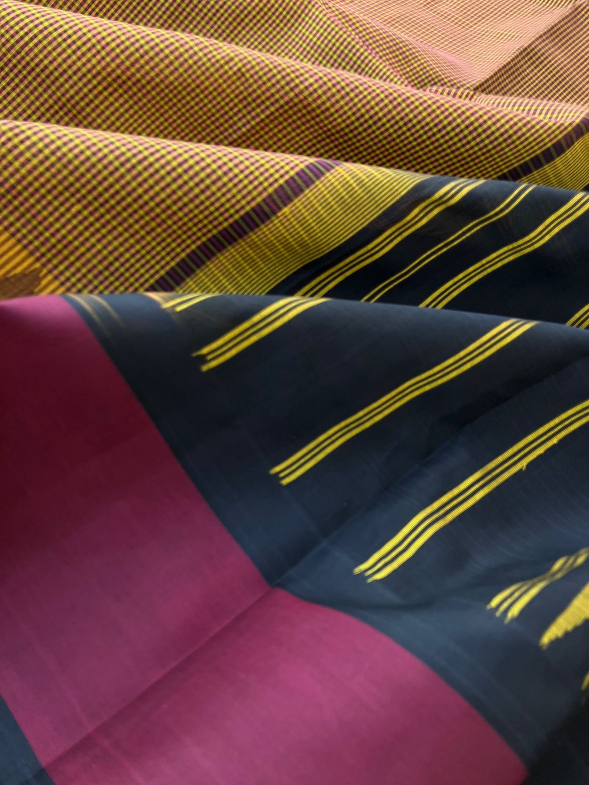 Signature Korvai Silk Cottons - rust mustard kasa kasa kattam with burgundy and black borders