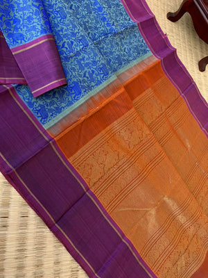 Haritham - Heirloom Yarn Play on Kanchivaram - blue on blue vanasingaram with rust pallu and blouse