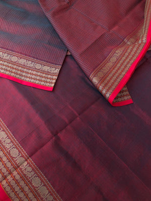 Woven Motifs Silk Cottons - unusual blue mixed red posi kattam with thread woven borders and stunning pallu