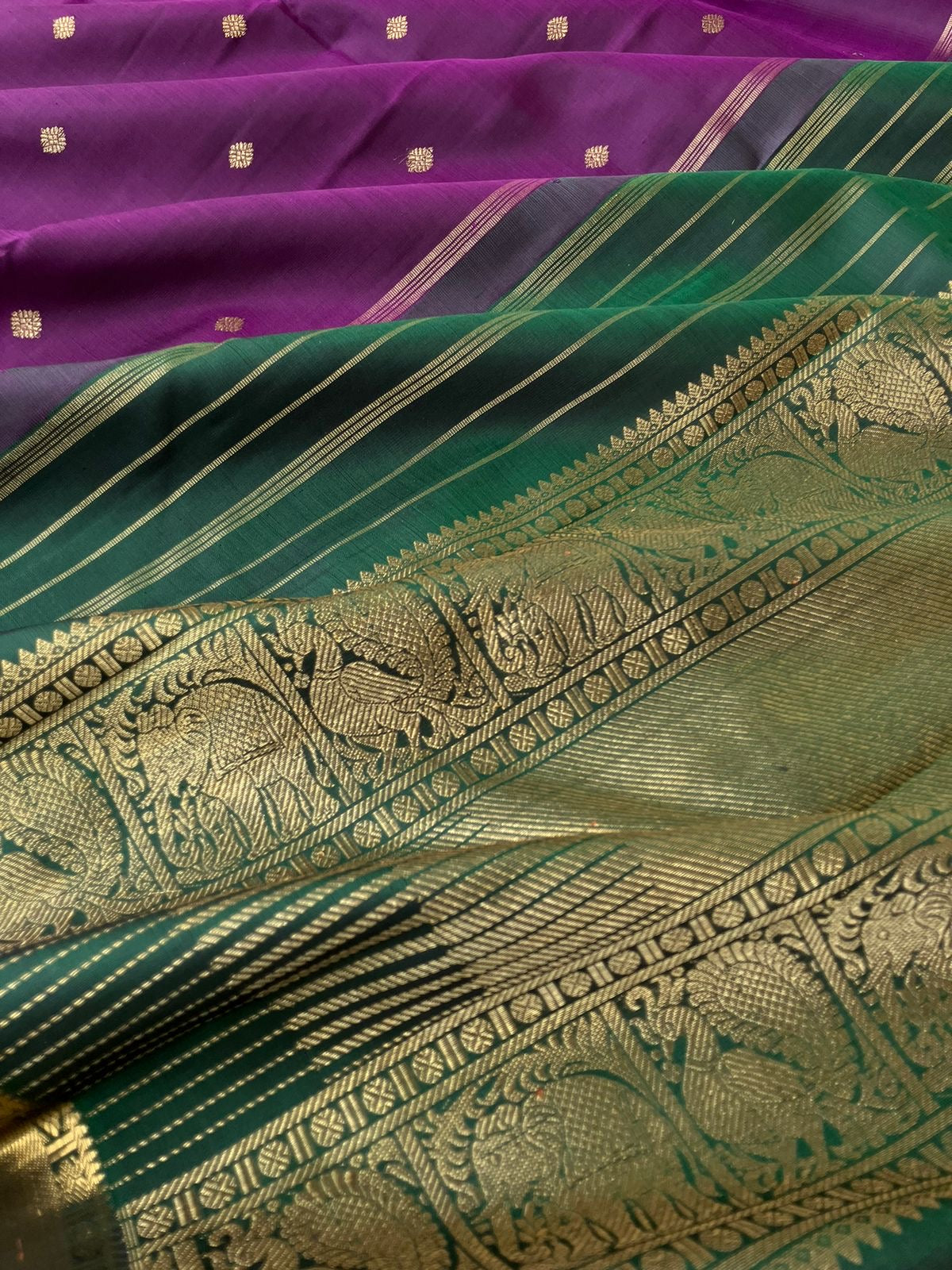 Swarnam - Stunning Small Border Kanchivarams - deep dark brinjal purple and Meenakshi green