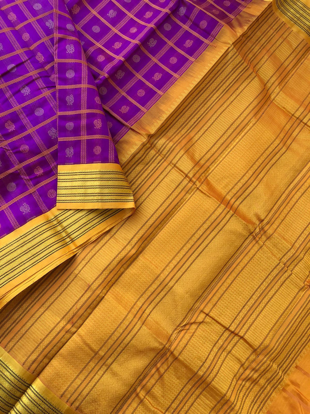 Divyam - Korvai Silk Cotton with Pure Silk Woven Borders - purple violet and mustard 1000 buttas