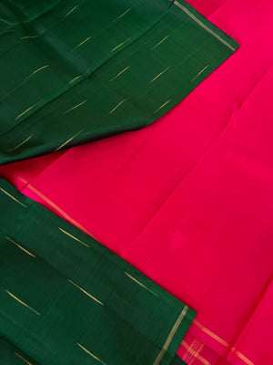 Corporate Kanchivaram - Deep dark Meenakshi green and Indian pink red malli mokku. Emerald, ruby, diamonds will work best for this saree