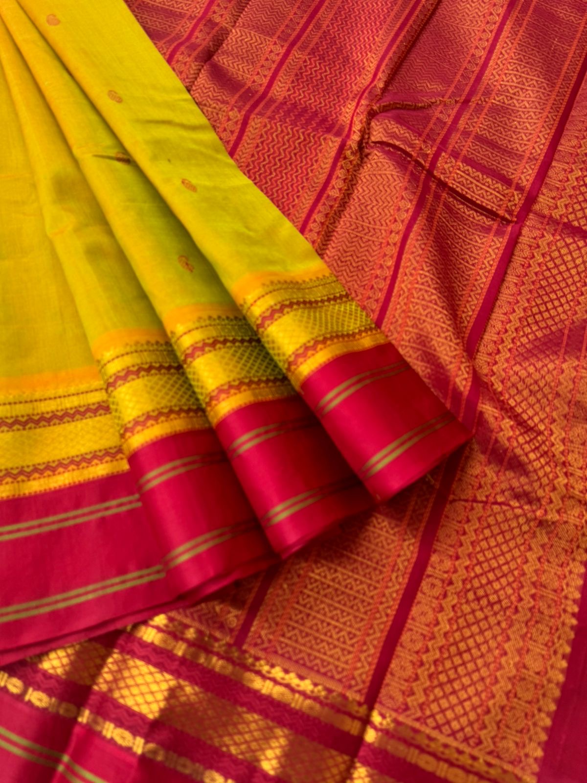 Divyam - Korvai Silk Cotton with Pure Silk Woven Borders - mustard mixed green and deep red