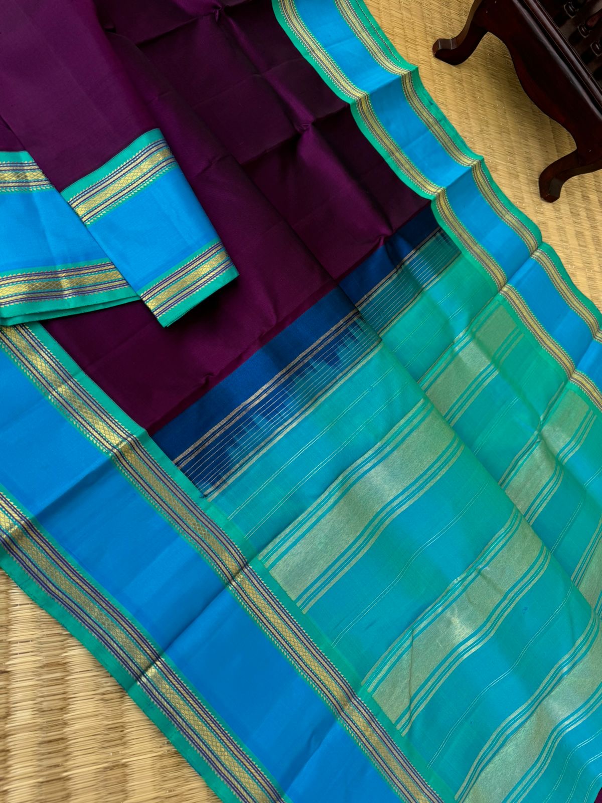 Connection Made By Korvai - deep dark purple and sulphate blue border with aqua blue pallu and blouse