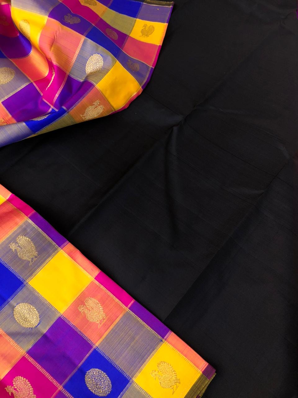 Paalum Palamum Kattam on Kanchivarams - amazing mix of blue violet pink and mustard chex woven body with black pallu and blouse