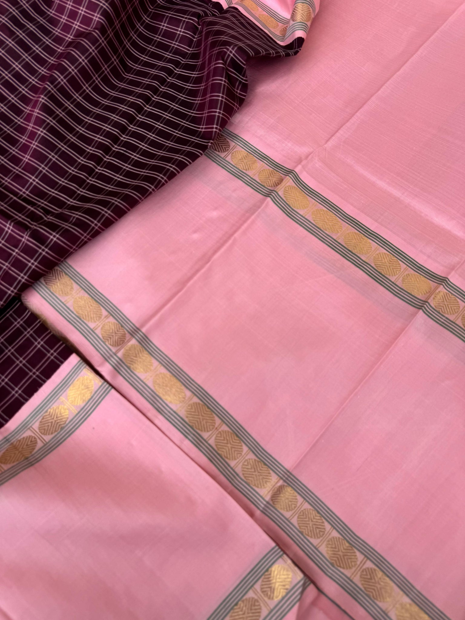 Truly Vintage - the beautiful burgundy and baby pink kattam and Korvai Kanchivaram with retta pett woven borders