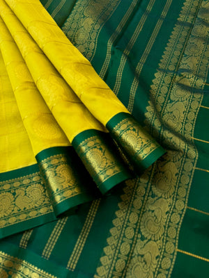 Korvai Silk Cotton - lemon yellow and green mayil chackaram