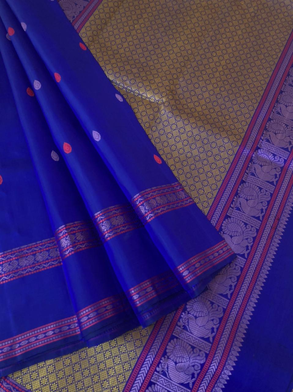 Woven from Memories - Beautiful No Zari Kanchivarams - beautiful ink blue with annapakshi woven retta pett borders
