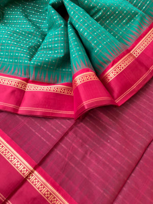 Mira - Our Exclusive Cotton body with Pure Silk Korvai Borders - Meenakshi green and deep red lakshadeepam