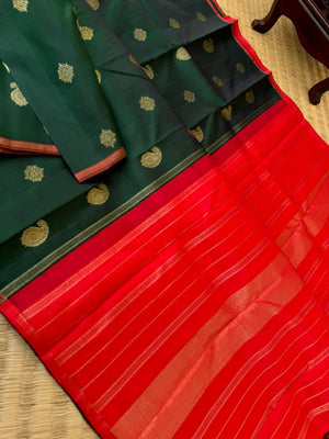 It is all about borderless kanchivarams - deep dark forest green and red