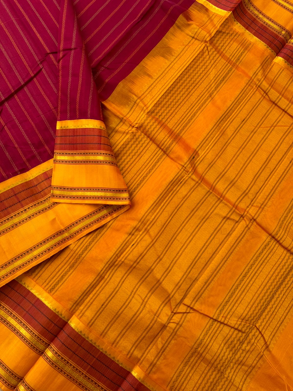 Divyam - Korvai Silk Cotton with Pure Silk Woven Borders - aaraku and mustard vertical veldhari