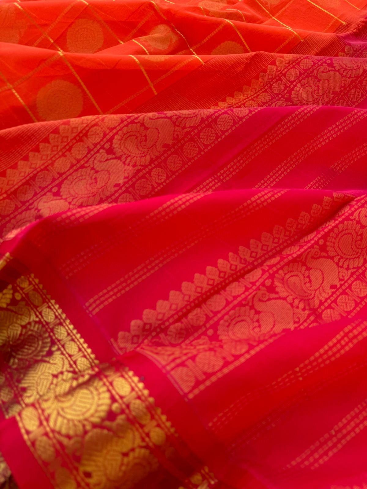 Korvai Silk Cotton - orange and red mayil chackaram