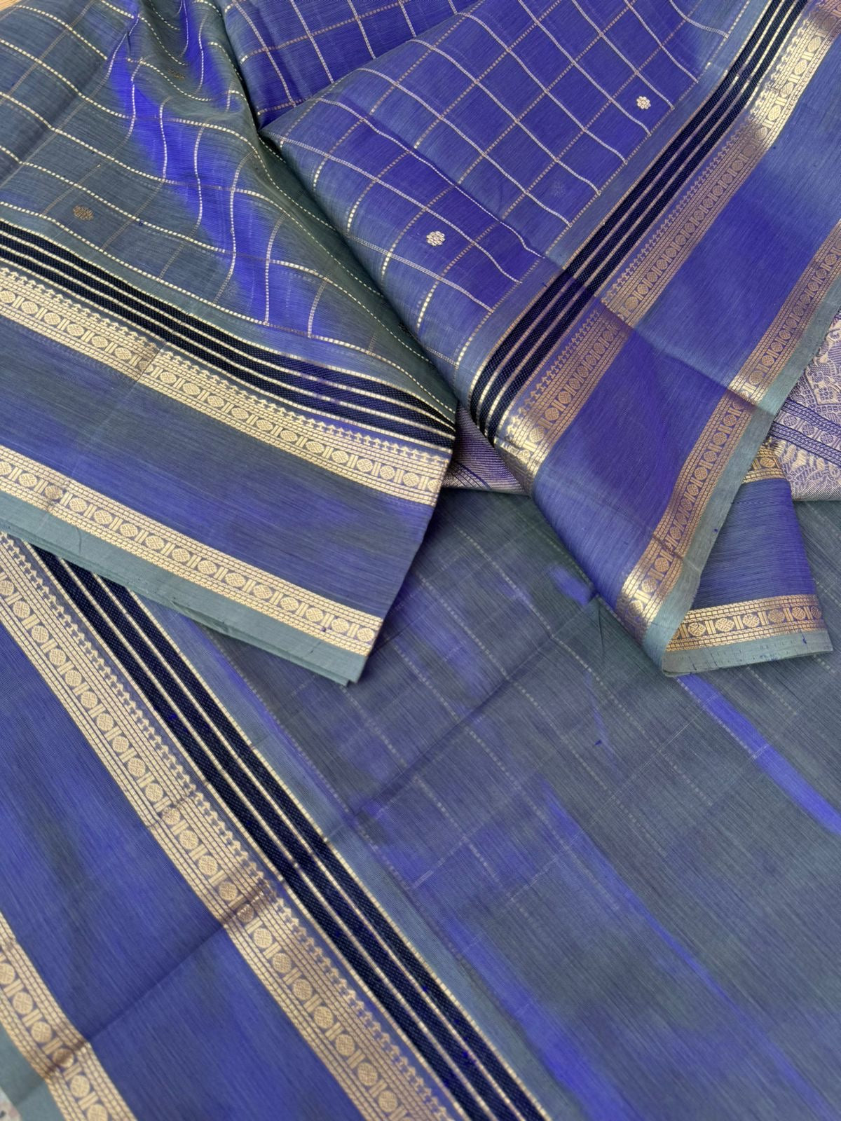 Zari Kissed Silk Cotton - gorgeous unusual blue muthu kattam