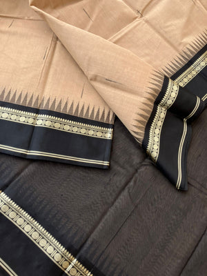 Mira - Our Exclusive Cotton body with Pure Silk Korvai Borders - beige and black malli mokku