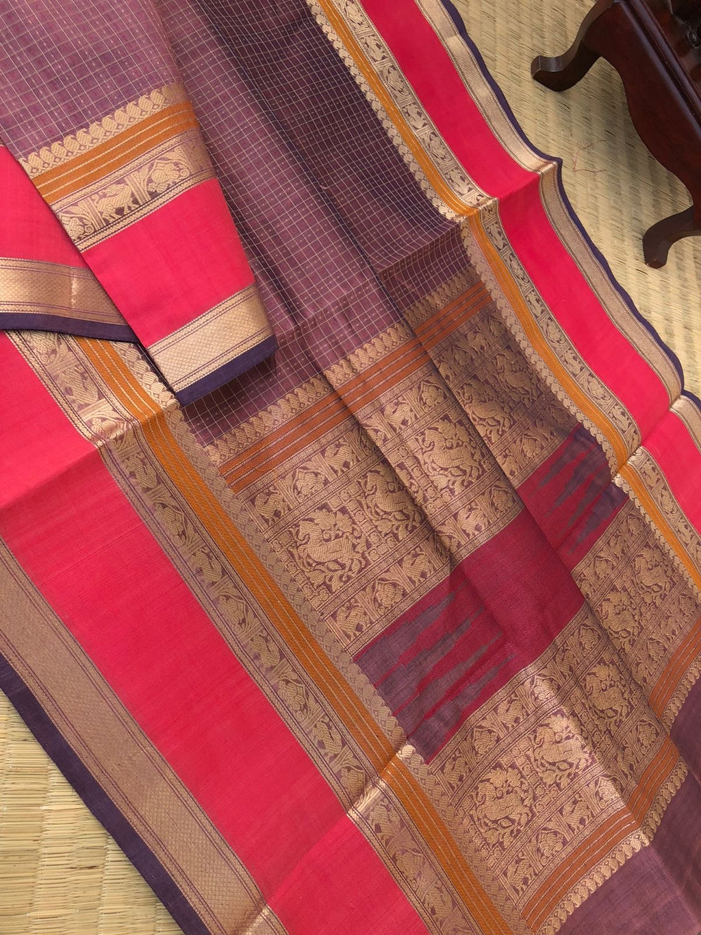 Woven Motifs Silk Cotton - unusual rare fine keva pink intricate Lakshadeepam
