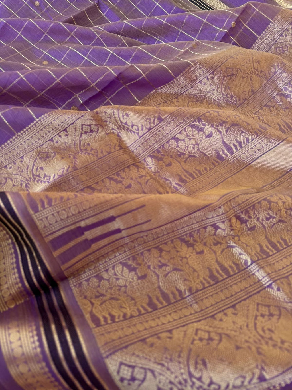 Zari Kissed Silk Cotton - beige mixed lavender muthu kattam