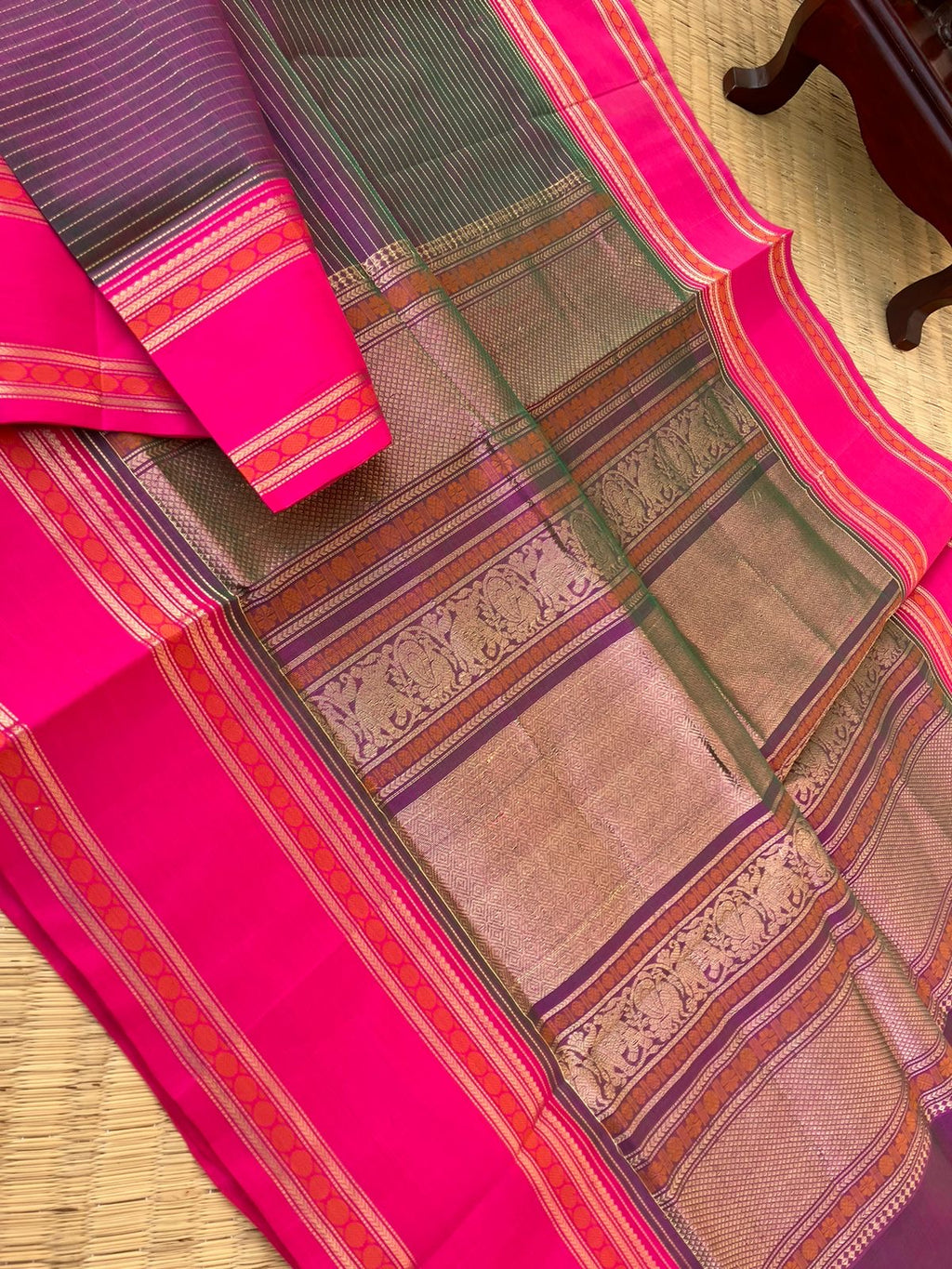 Grandest Edition of Zari Kissed Silk Cotton - dual tone pink short green Vairaoosi