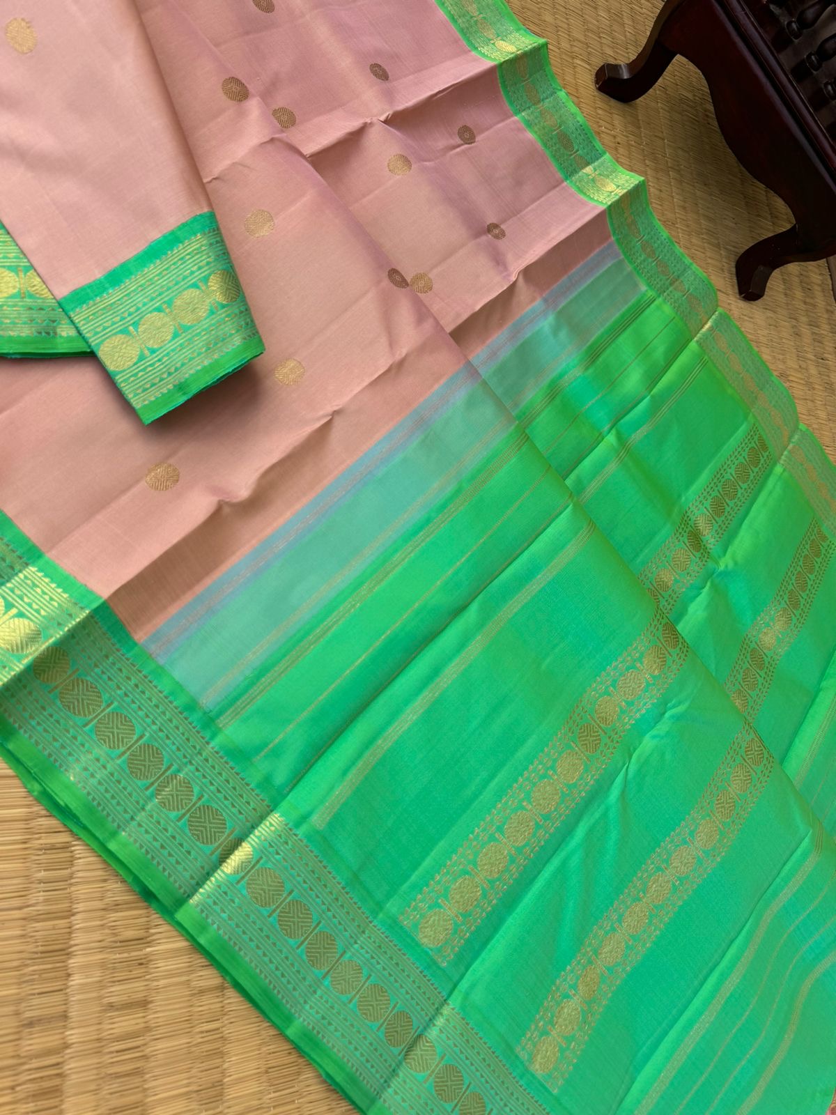 Interesting Kanchivarams - such a stunning rose gold and dual tone aqua green with small korvai woven rudurakasham borders