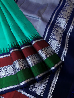 Sahasra - Stunning No Zari Korvai Kanchivarams - mint green and navy blue malli mokku woven buttas woven body