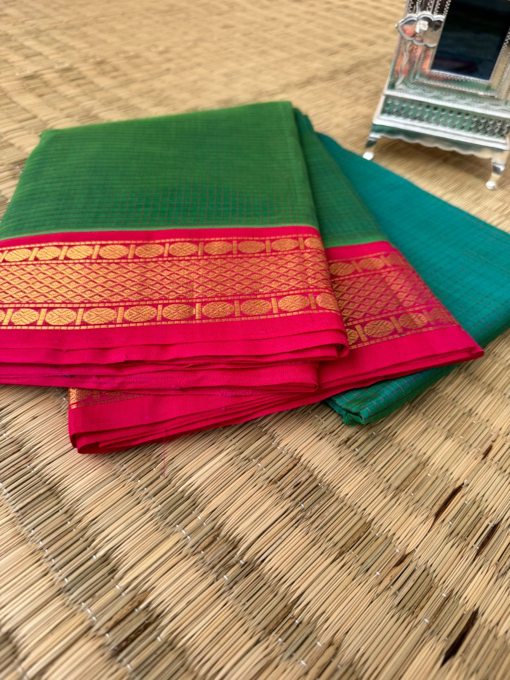 Korvai Silk Cottons - teal and pink podi kattam