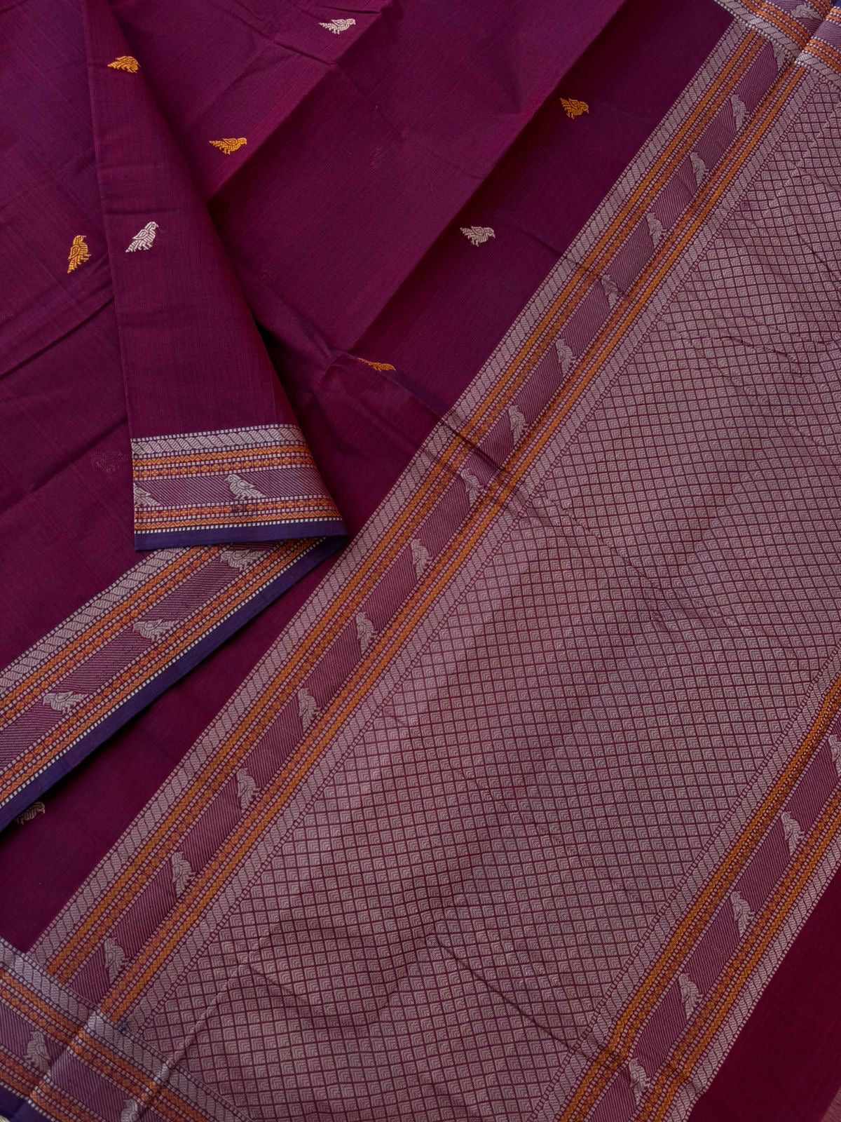 Mangalavastaram - deep burgundy with parrots woven buttas