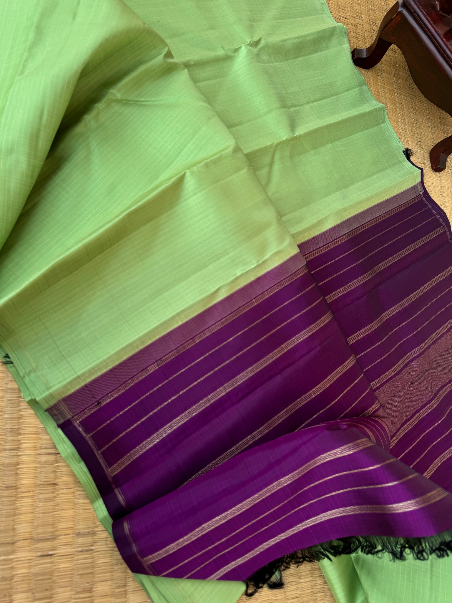 Ragas on Kanchivaram - pista green and purple borderless with vertical muthu strips