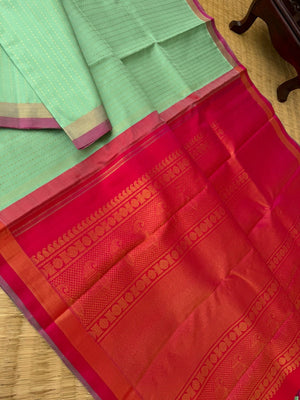 Shree - Stunning Small Border Kanchivarams - pista green lakshadeepam and red pink pallu and blouse