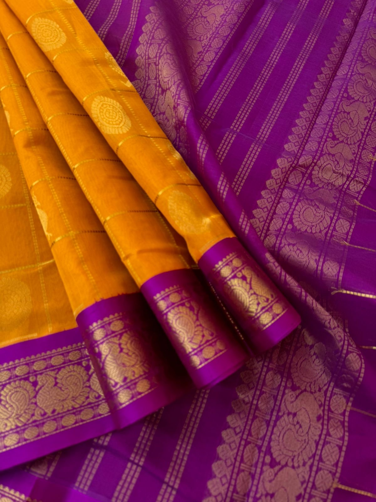 Korvai Silk Cotton - mango mustard and pink mayil chackaram