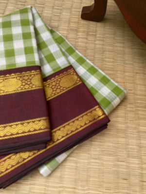 Paalum Palamum Kattams Korvai Silk Cottons - olive and off white with coffee bean brown