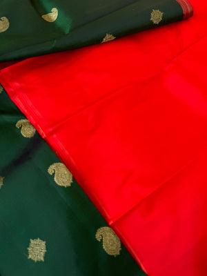 It is all about borderless kanchivarams - deep dark forest green and red