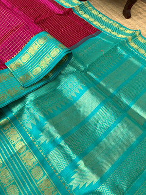 Korvai Silk Cotton - burgundy and teal zari kattam