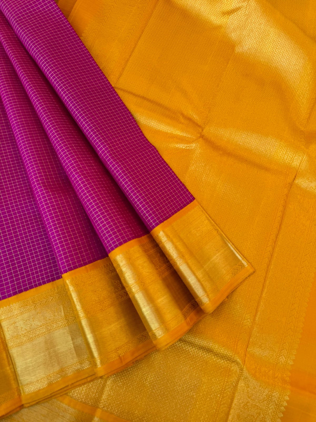 Statement of Kanchivaram - KK5 - majenta pink and golden mustard korvai Vairaoosi kattam with solid gold zari woven borders