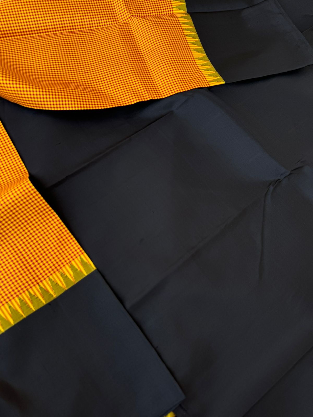 Bliss of Korvai Kanchivaram - mustard and aaraku kasa kasa kattam with black borders pallu and blouse