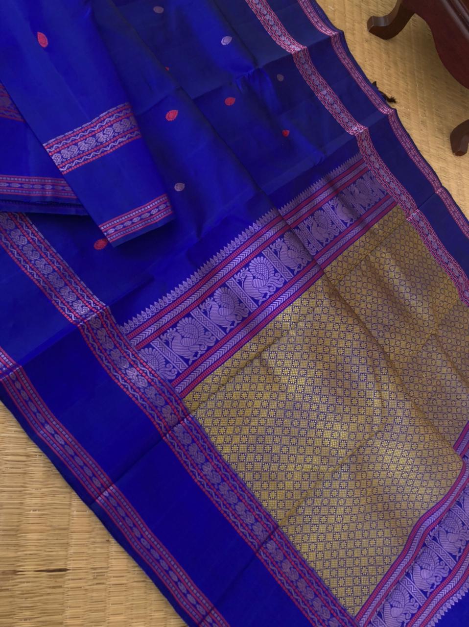 Woven from Memories - Beautiful No Zari Kanchivarams - beautiful ink blue with annapakshi woven retta pett borders