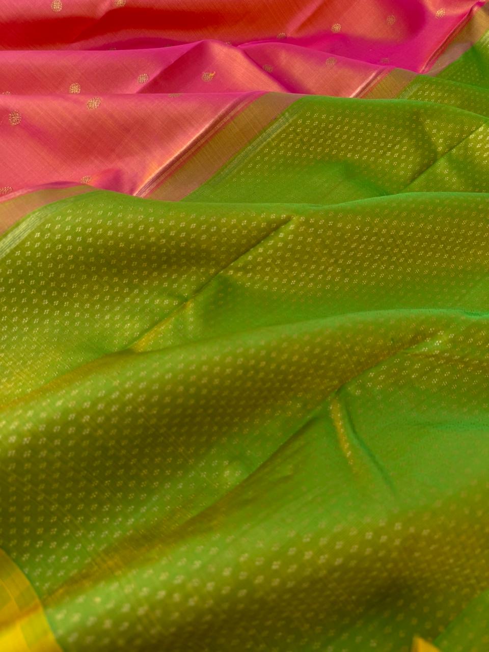 Album Untouched - stunning peach and apple green with mat chex woven borders with full zari brocade woven pallu and blouse