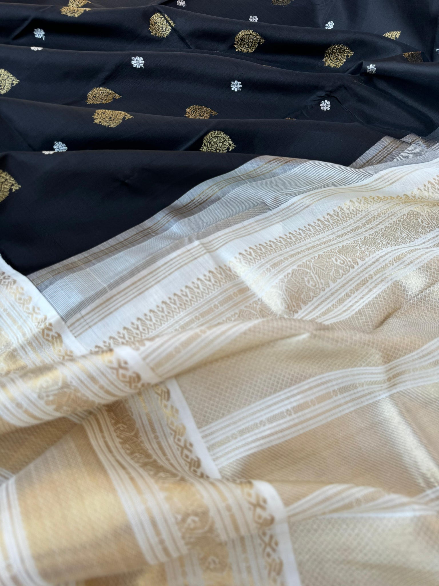 Tales of Korvais Kanchivaram - most beautiful black and off white with gold and silver zari woven buttas