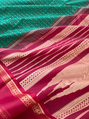 Mira - Our Exclusive Cotton body with Pure Silk Korvai Borders - Meenakshi green and deep red lakshadeepam