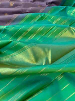 Mohaa - Beautiful Pastel Borderless Kanchivarams - unusual grey and jewel tone aqua blue green pallu and blouse