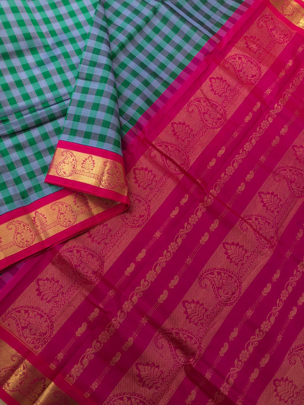 Paalum palamum kattam on Korvai Silk Cotton - grey and green chex with kum kum pink