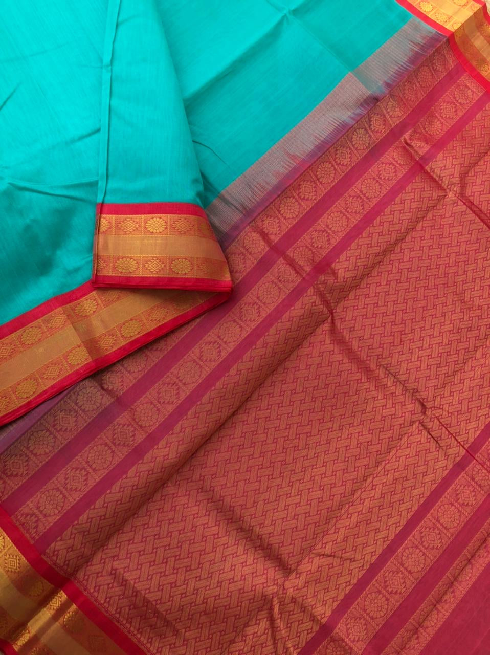 Colours of Korvai Silk Cotton - teal blue and burnt pink