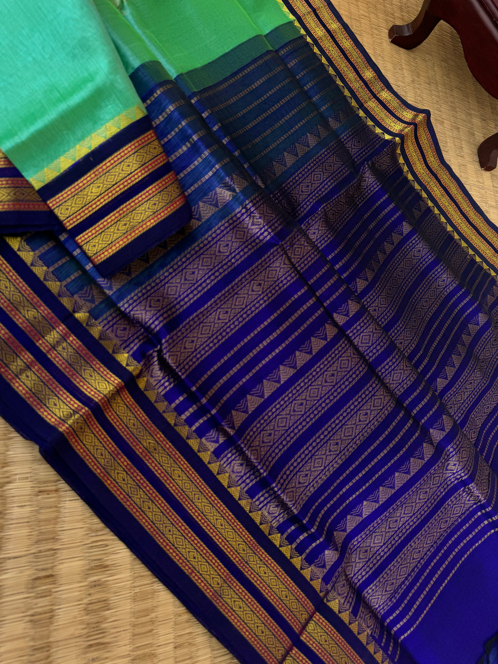 Korvai Silk Cotton - aqua and dark blue