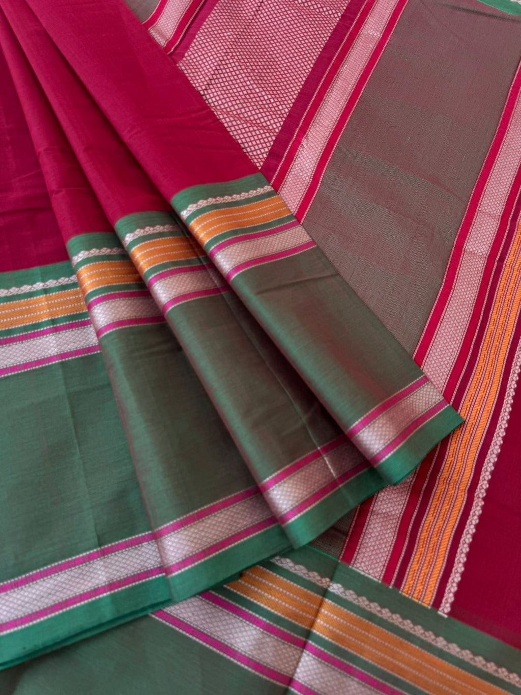 Mangalavastaram - deep maroon and short green woven long borders