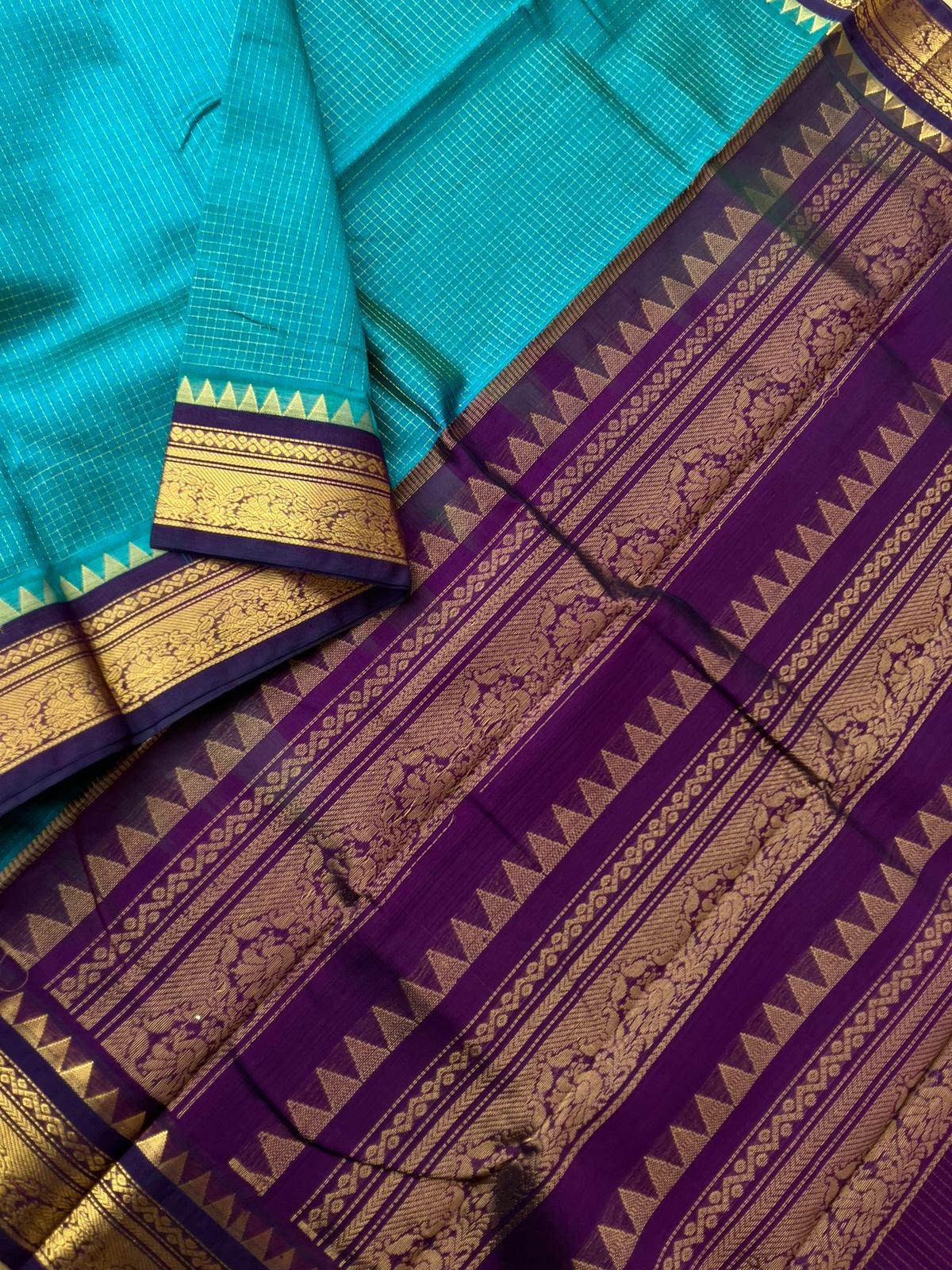 Korvai Silk Cotton - teal and purple zari kattam