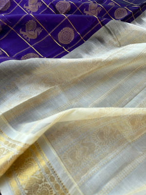 Korvai Silk Cotton - ms blue and ivory mayil chackaram