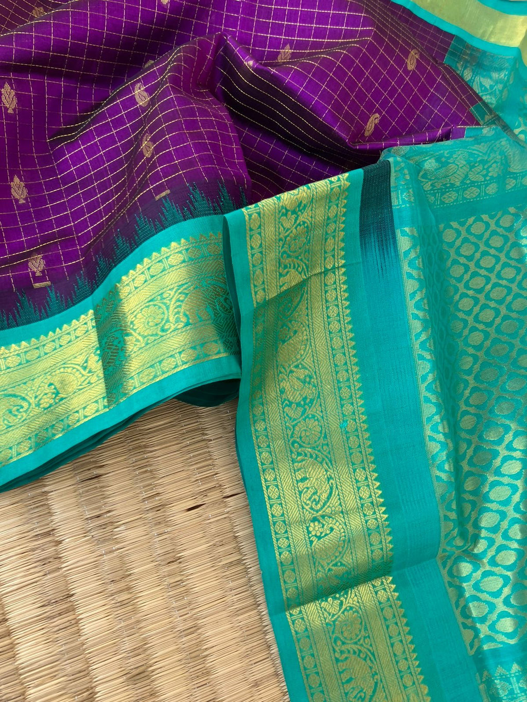 Korvai Silk Cotton - deep purple and aqua zari kattam