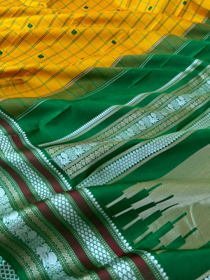 Pattu Pett - Exquisite No Zari Kanchivarams - mustard green with kattam and buttas woven borders with varusai pett motifs