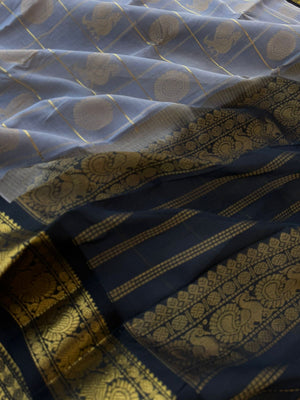 Korvai Silk Cotton - ash grey and black mayil chackaram