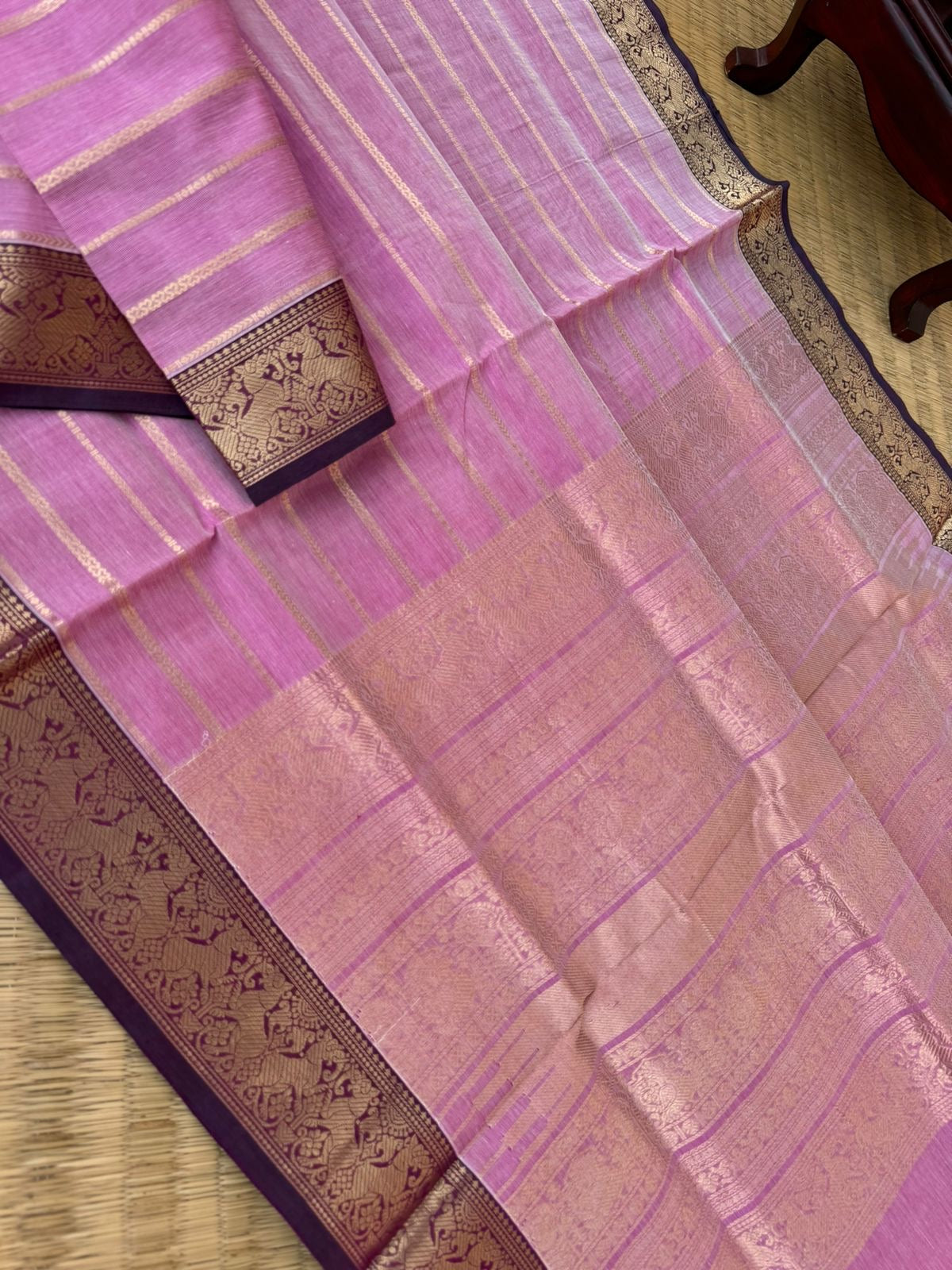 Zari Kissed Silk Cotton - baby pink veldhari with yali woven borders