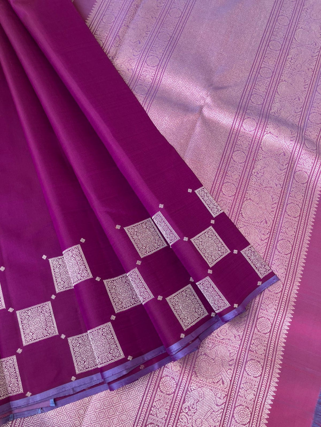 Album Untoched - Uniquely woven Kanchivarams - deep purple majenta with silver zari woven square buttas woven borders