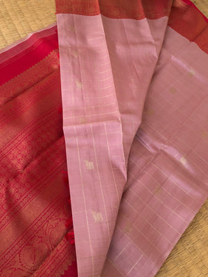 Swarnam - The Solid Kanchivarams - the rare pale dusky rose gold and red with matt finish borders and pallu